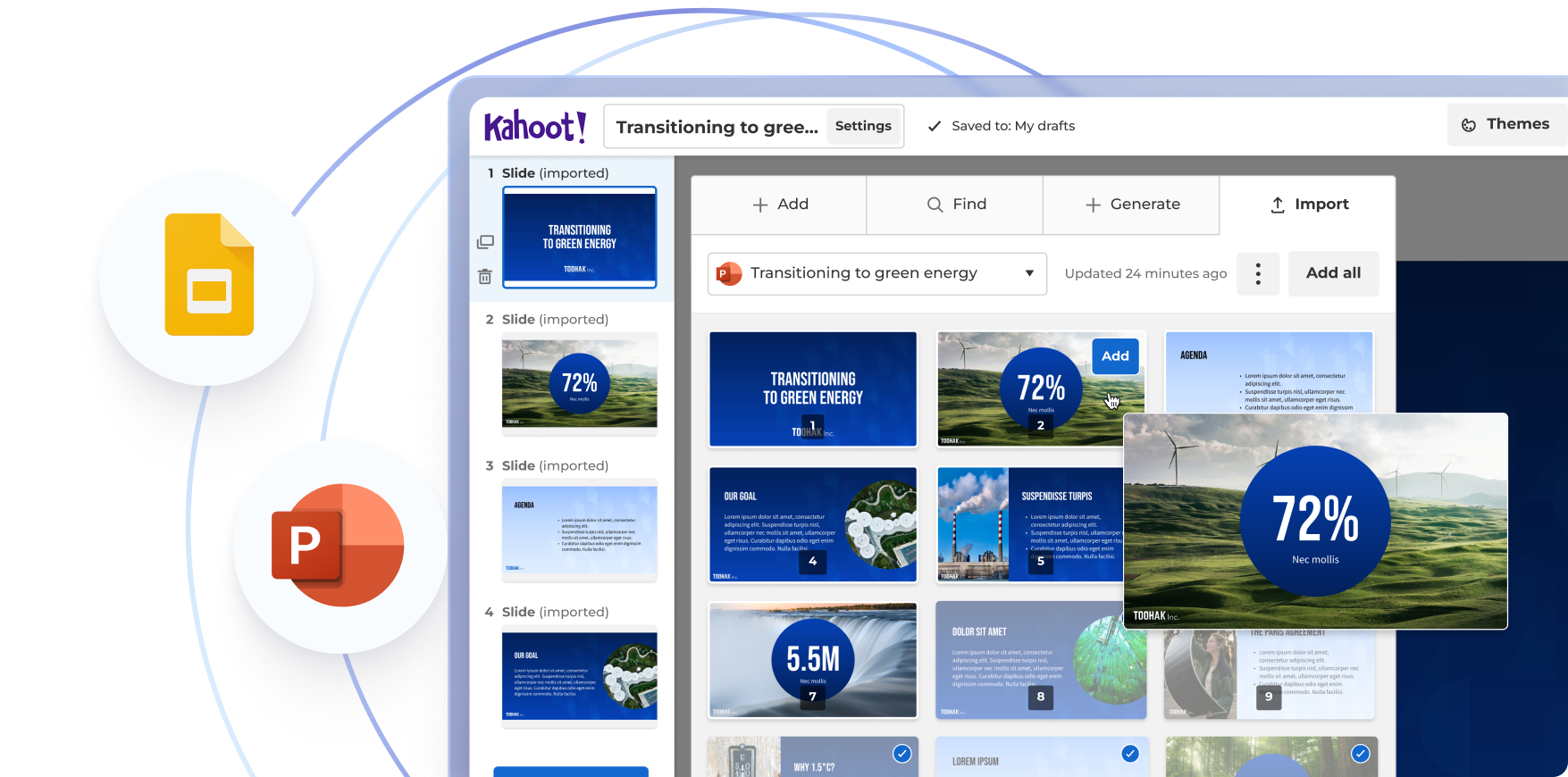 Kahoot course creation tool importing slides from Google Slides and PowerPoint for a green energy presentation