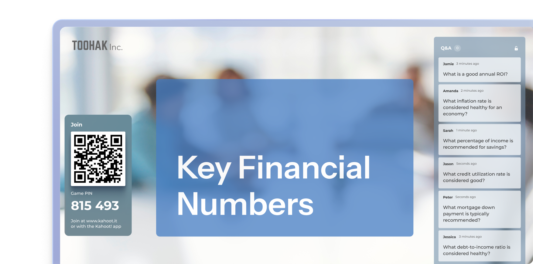 Kahoot engagement session slide titled Key Financial Numbers with a live Q&A panel showing participant questions
