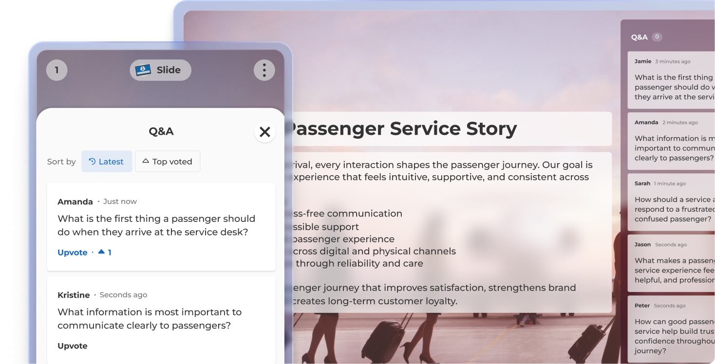 Kahoot live Q&A view showing a Passenger Service Story slide, mobile Q&A panel with upvoting, and audience questions feed on the right