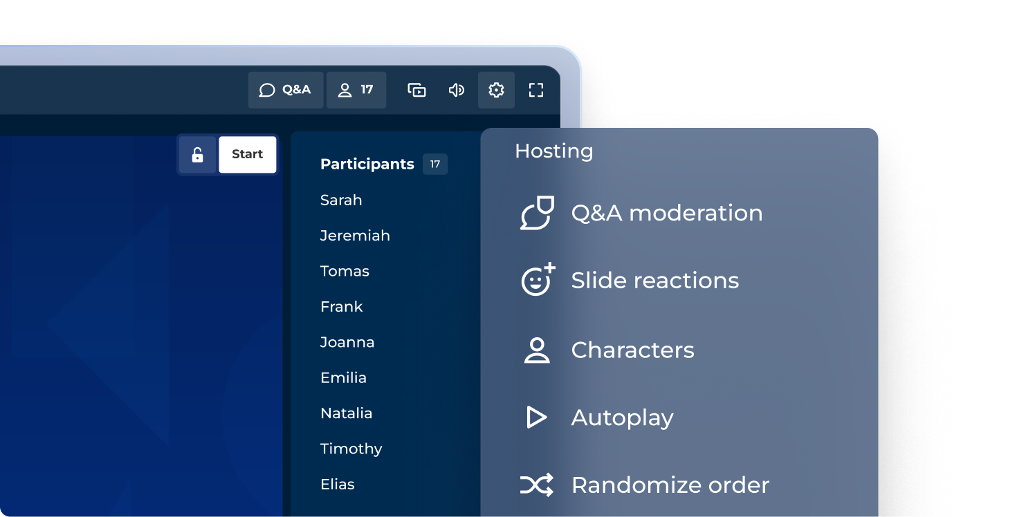 Kahoot hosting controls panel showing 17 participants and options for Q&A moderation, slide reactions, characters, autoplay, and randomize order