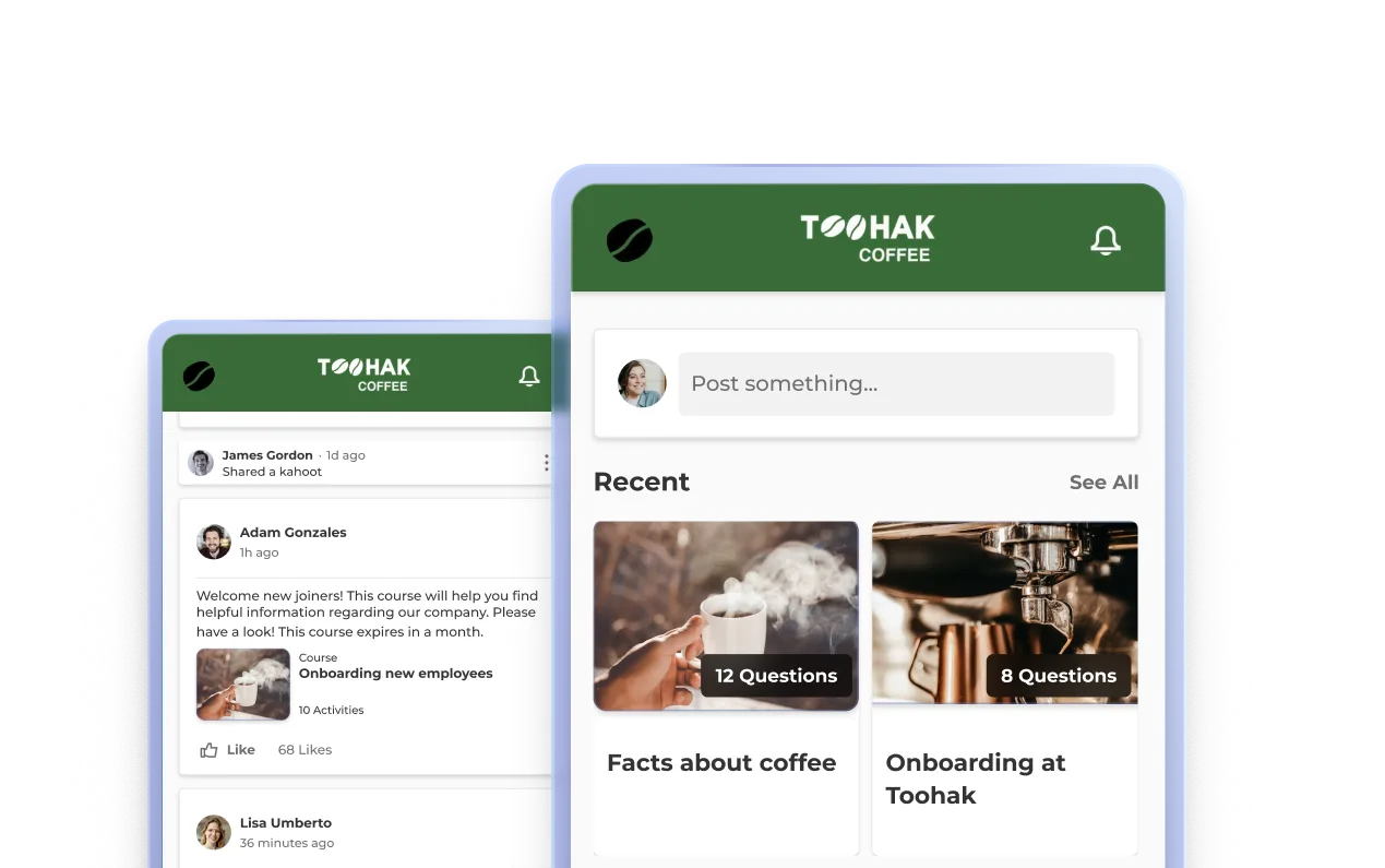Toohak Coffee branded Kahoot learning app showing social feed and onboarding courses on two mobile screens