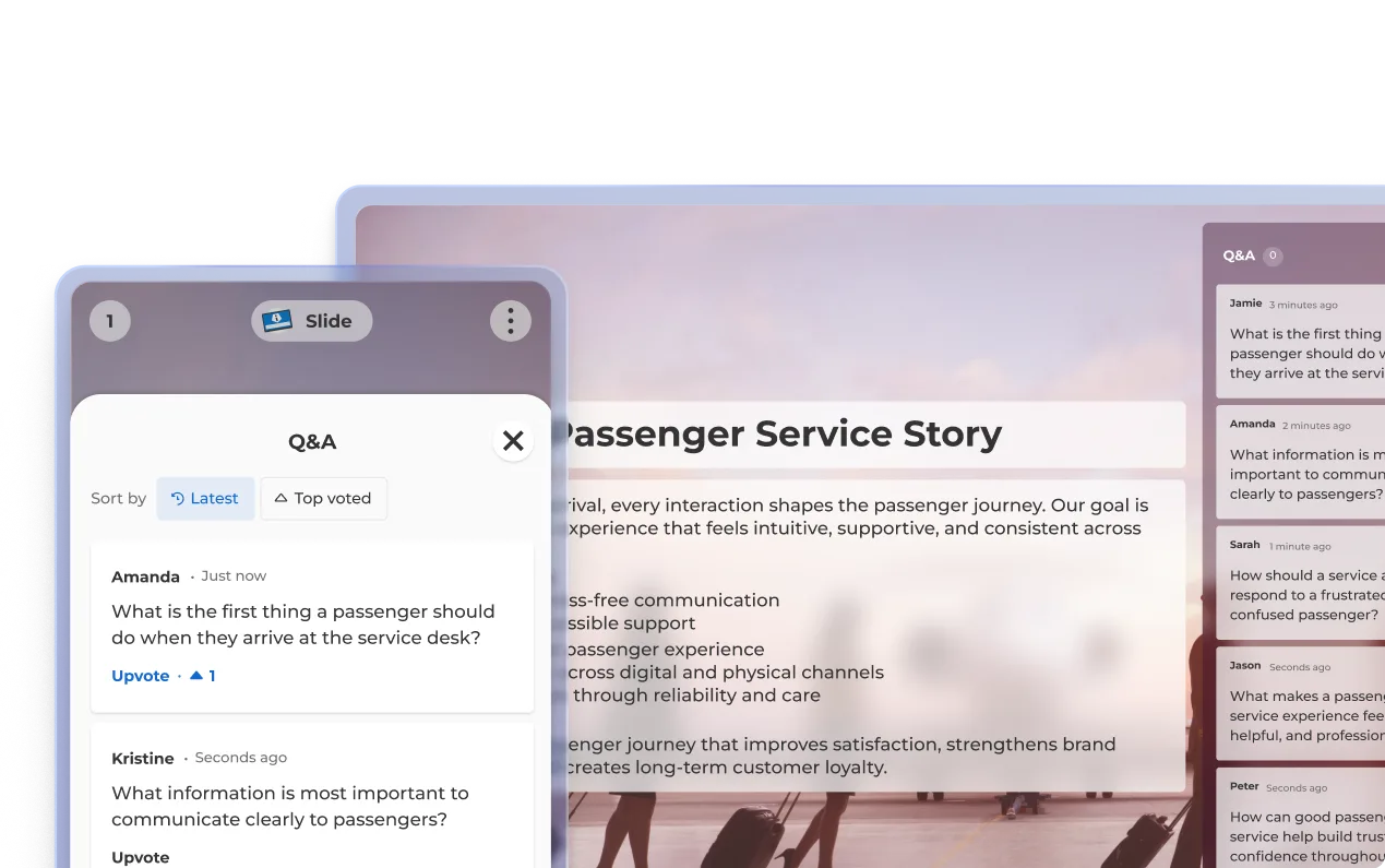 Kahoot Q&A panel on mobile alongside a Passenger Service Story presentation slide