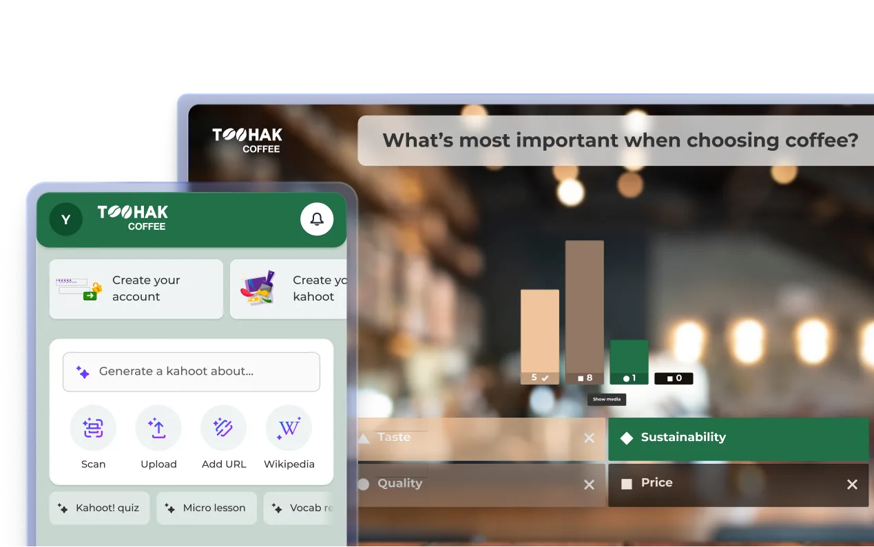 Kahoot AI content creation tool on mobile beside a coffee preference poll on screen