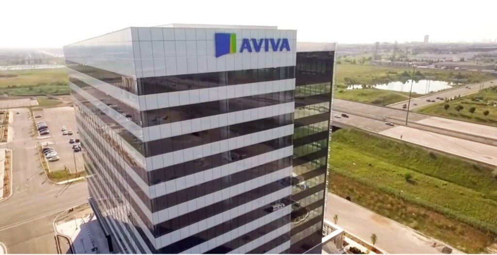 Picture of a white building with Aviva's logo on top. This is the HQ of Aviva in Canada