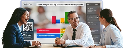 Two colleagues smiling in a meeting with a Kahoot poll and Q&A sidebar displayed behind them showing live responses
