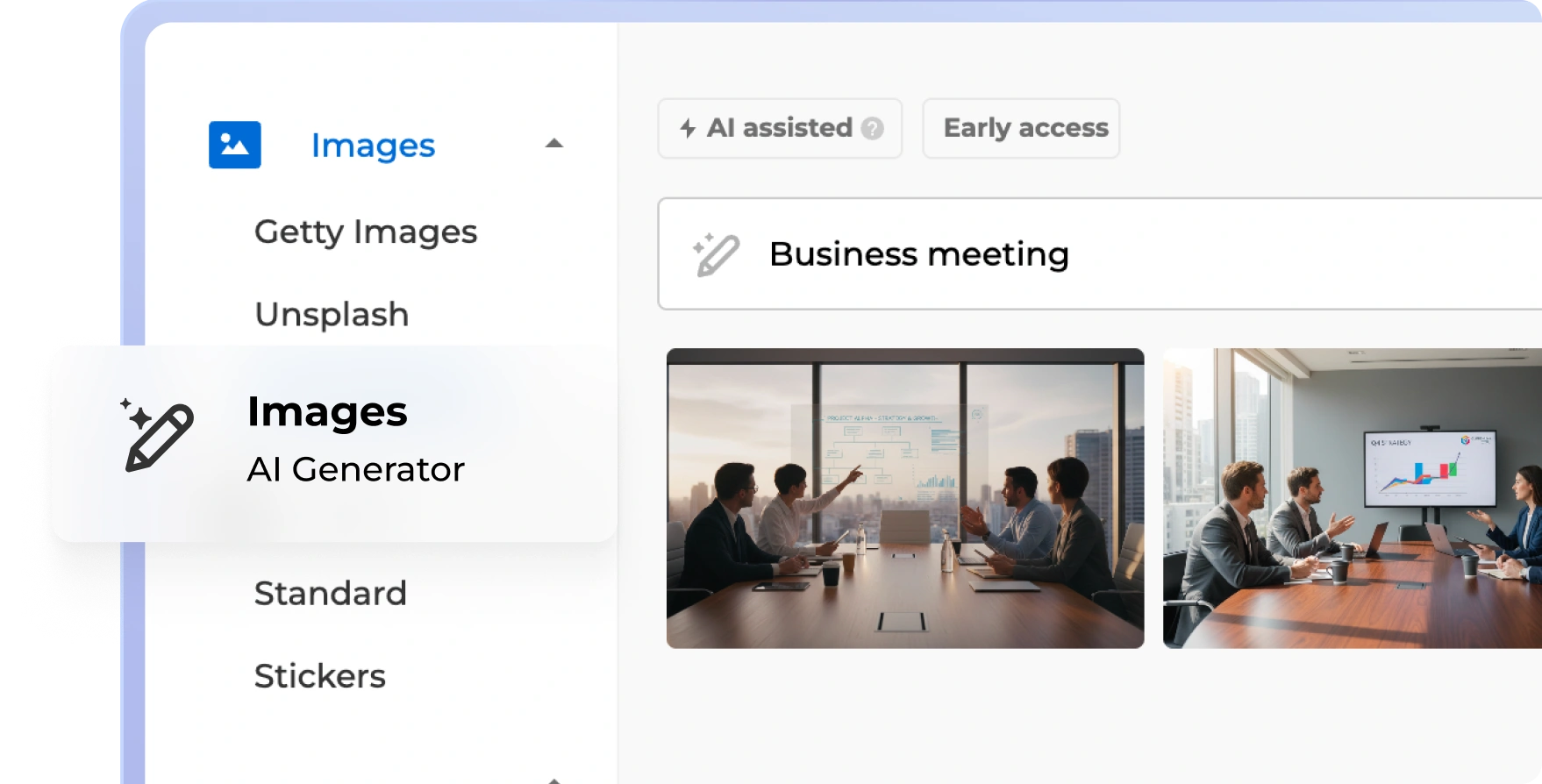 Kahoot image panel showing the AI Generator option selected, with AI-generated business meeting images suggested for a quiz slide