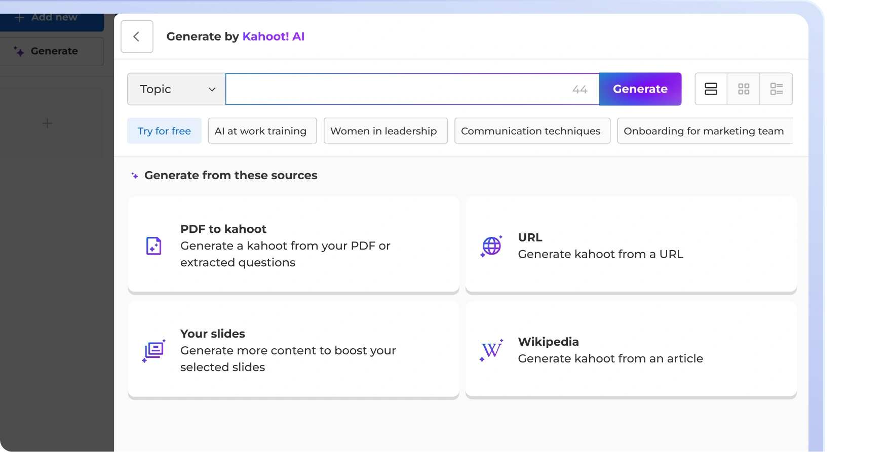 Kahoot! AI generation panel with a topic input field and source options including PDF, URL, slides, and Wikipedia